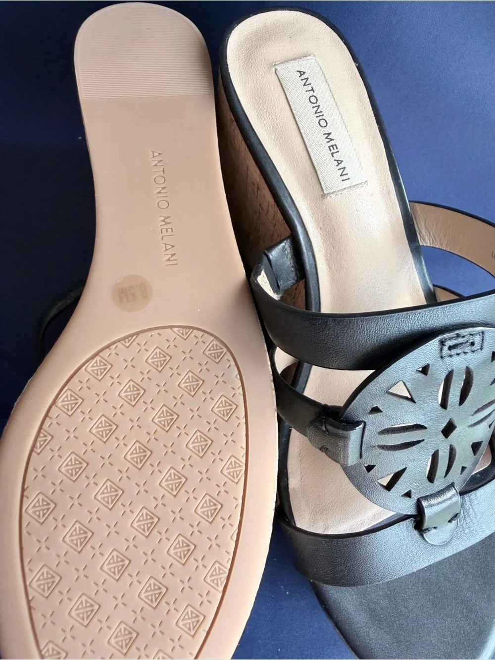 ANTONIO MELANI Black Cork Platform Wedge Sandals